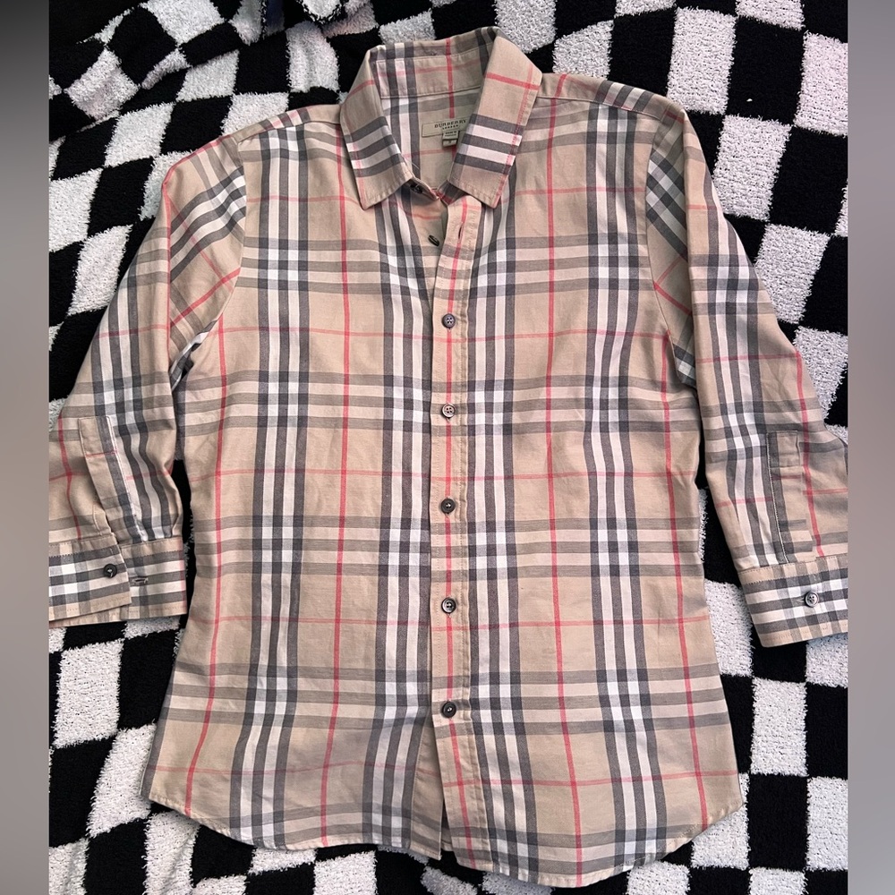 Burberry Beige and Red Plaid Button Down Shirt